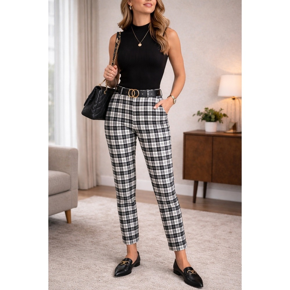 Vtg Joseph Ribkoff Plaid Pants Career Black White Size 4 Straight Leg